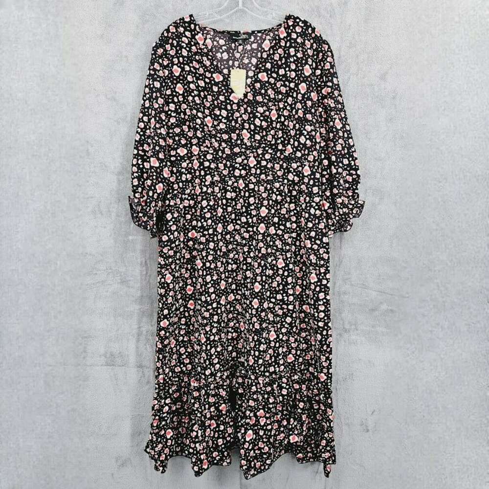 Suzanne Betro Dress 2X Black Red White Leopard Print V Neck Ruffle Trim Midi New